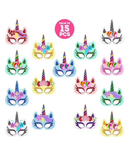 Zyozi Unicorn Masks for Boys and Girls Dress Up Birthday Party Favors Multicolour - Pack of 15