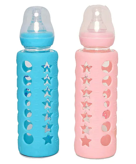 Fantasy India Premium Glass Baby Feeding Bottle Ultrasoft Nipple Multicolour - 240 ml Each