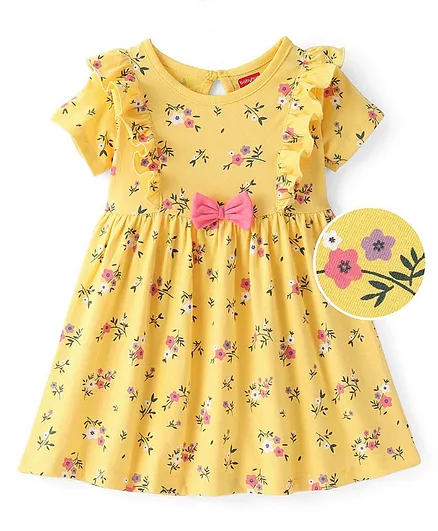 Babyhug 100% Cotton Knit Half Sleeves Fit And Flare Frock Floral Printed - Yellow