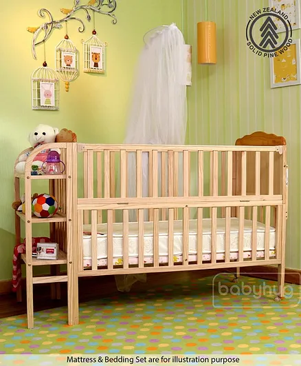 Babyhug Lily Wooden Cot With Detachable Bassinet & Side Shelf - Light Brown