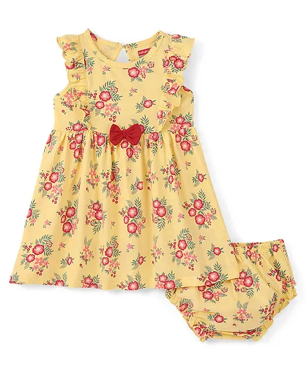 Babyhug 100% Cotton Knitted Frill Sleeves Frock With Bloomer Floral Print - Yellow