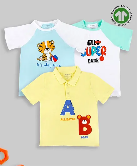 Kidbea Pack Of 3 Half Sleeves Alphabet Playtime & Animal Printed Tees - Yellow Blue & White