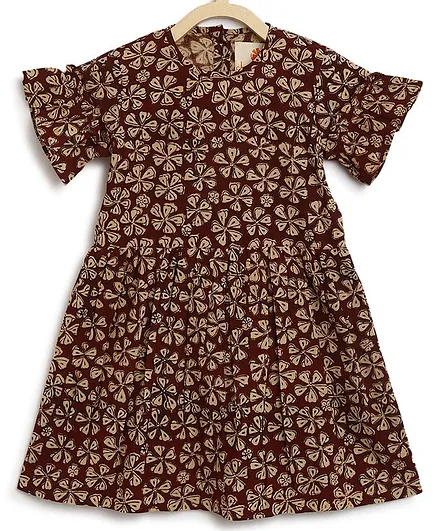 Charkhee Flared Sleeves Floral Motif Printed Dress - Brown