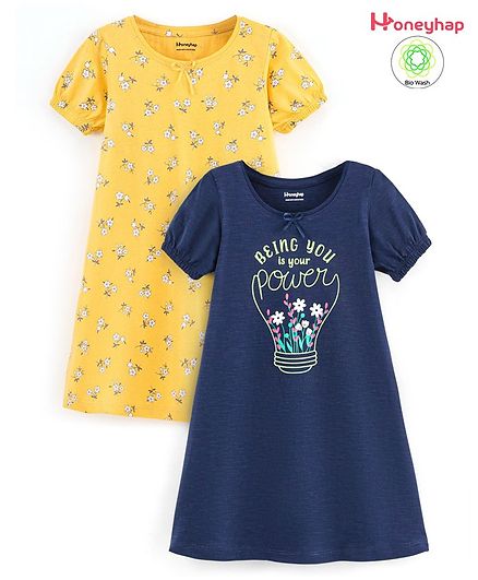 Honeyhap Premium 100% Cotton Knit Half Sleeves Floral Printed Nighty with Bio Finish Floral Print Pack of 2 - Navy Peony & Banana Cream