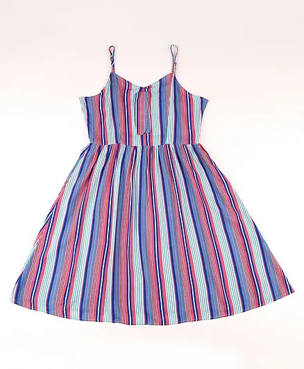 Little Jump Sleeveless Balance Striped & Gathered Neckline Detailed Fit & Flare Dress - Multi Colour