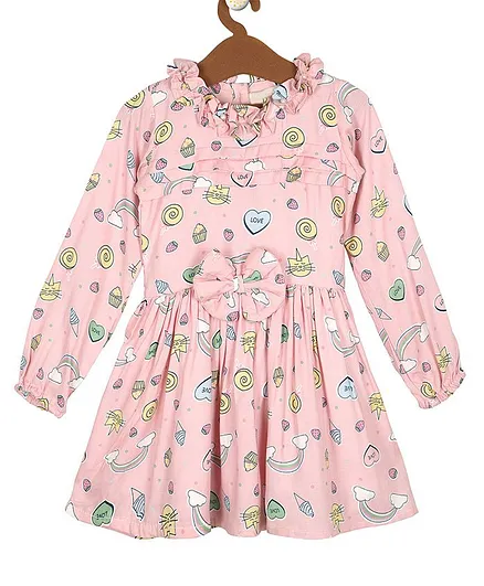 Little Jump Full Sleeves All Over Candies & Cat Printed Fit & Flare Bow Embellished & Ruffled Neckline Detailed Dress - Pink