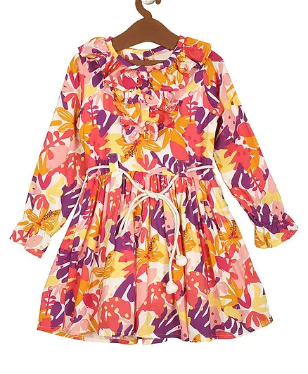 Little Jump Full Sleeves Seamless Leaves Printed & Ruffled Bodice Designed Fit & Flare Dress With Front Tie Up - Multi Colour