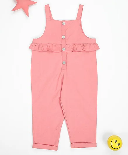 Little Jump Sleeveless Solid Frill Detailed Front Open Dungaree - Pink