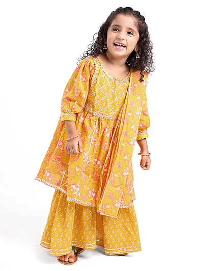 Teentaare Cotton Woven Full Sleeves Kurta & Sharara Set Floral Print - Orange & Yellow