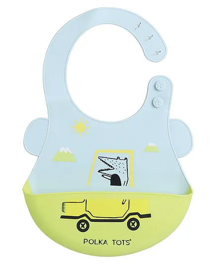 Polka Tots Waterproof Silicone Feeding Bibs with Adjustable Snap Buttons Green Car Print - Green