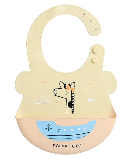 Polka Tots Waterproof Silicone Feeding Bibs with Adjustable Snap Buttons Boat Print - Beige