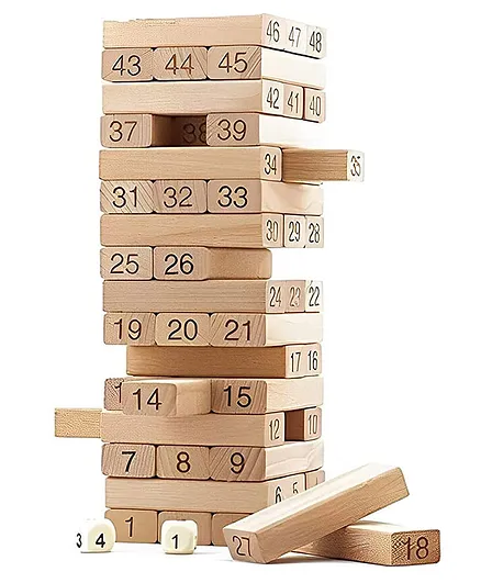 Muren Stacking & Balancing Jenga Game 54 Wooden Blocks with 4 Dice Tumble Tower - Brown