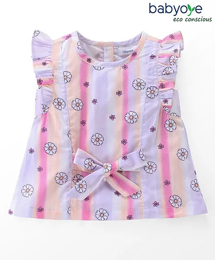 Babyoye Eco Conscious Cotton Sleeveless Top With Attachable Sleeves Floral Print- Purple & Pink