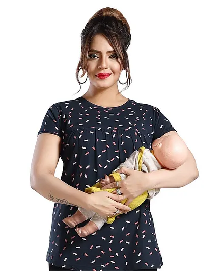 Fabme Half Sleeves Abstract Printed Maternity Top - Navy Blue