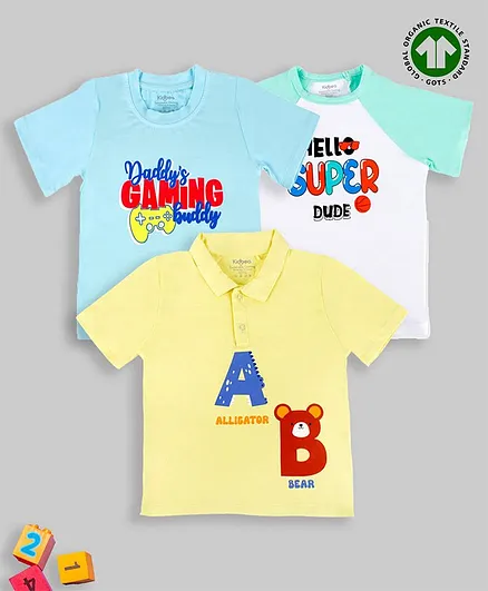 Kidbea Bamboo Pack Of 3 Half Sleeves Alphabet Gaming & Super Dude Printed Tees - Yellow  Blue & White