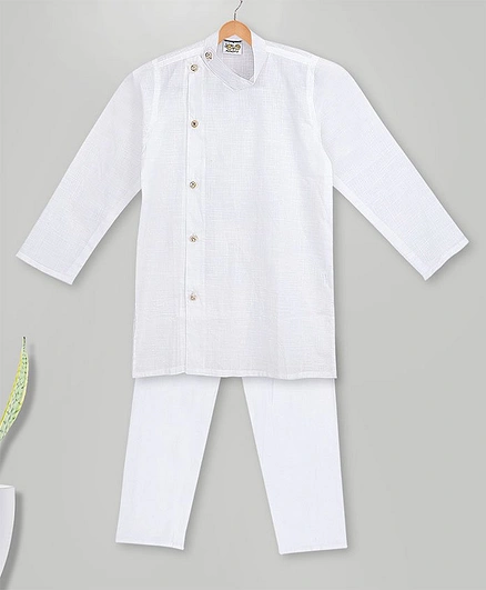 MIMISKU Full Sleeves Side Button Detail Solid Kurta Pajama Set  - White
