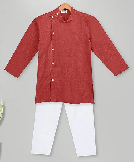 MIMISKU Baby Boys Ethnic Wear Cotton Kurta Pyjama Set with Single Button Line  - Red