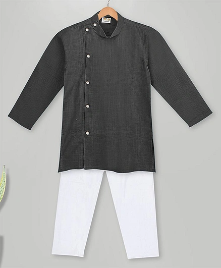 MIMISKU Full Sleeves Side Button Detail Solid Kurta Pajama Set  - Black