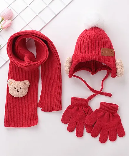 Babyhug Pom Pom Acrylic Woolen Cap Muffler & Gloves Set Teddy Design - Red
