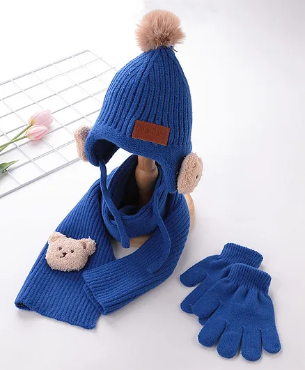 Babyhug Pom Pom Acrylic Woolen Cap Muffler & Gloves Set Teddy Design - Dark Blue