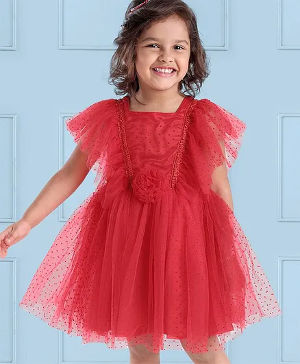 Mark & Mia Sleeveless Knee Length Party Dress with Net Detailing & Floral Applique - Red