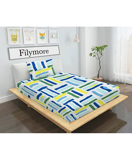 Filymore Line Printed Single Bedsheet with 1 Pillow Cover - White and Blue