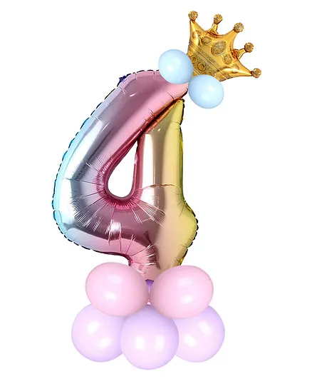 Shopperskart 4 Number Rainbow Theme 32 Inch Foil Balloon With Crown & Balloons Helium Quality For Birthday Party Decoration - Multicolor