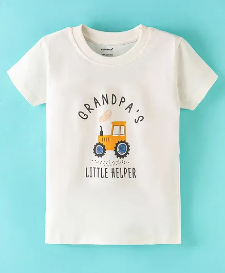 Cucumber Cotton Sinker Half Sleeves T-Shirt Construction Vehicle Print - Off White