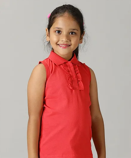Kiddopanti  Sleeveless Frilled Detail Solid Polo Tee - Red