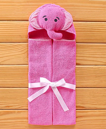 Babyhug Hooded Towel With Elephant Embroidery - Pink