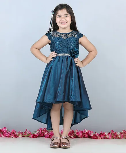Toy Balloon Kids Cap Sleeves Flower Detailed Sequin Embellished & Embroidered Fit & Flare High Low Dress - Teal Blue