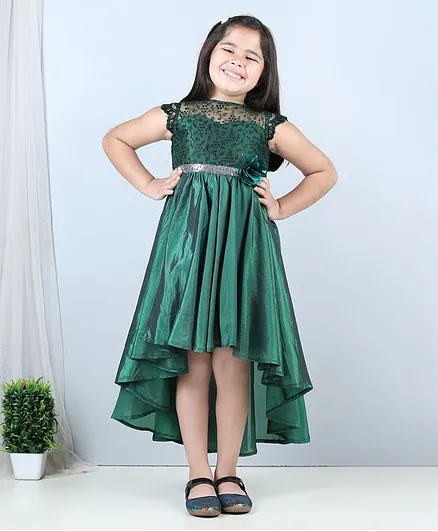 Toy Balloon Kids Cap Sleeves Flower Detailed Sequin Embellished & Embroidered Fit & Flare High Low Dress - Green