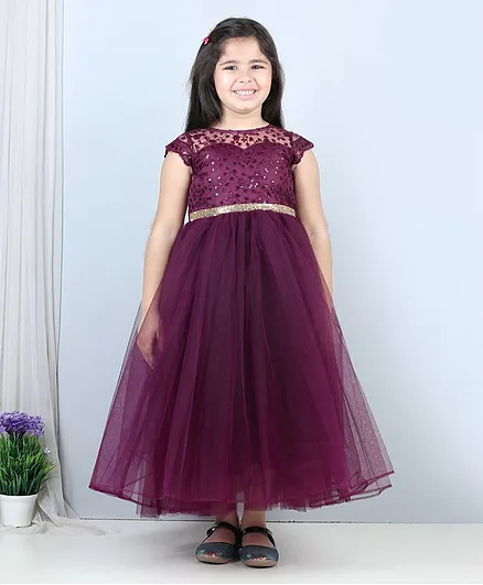 Toy Balloon Kids Cap Sleeves Flower Detailed Embroidered Sequin & Lace Embellished Fit & Flare Gown - Purple