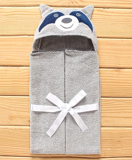 Babyhug Hooded Towel With Bear Embroidery - Grey