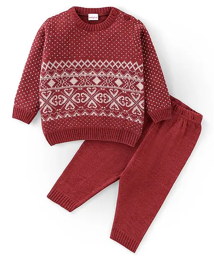 Babyhug Acrylic Full Sleeves Sweater Set With Ikat Print - Red