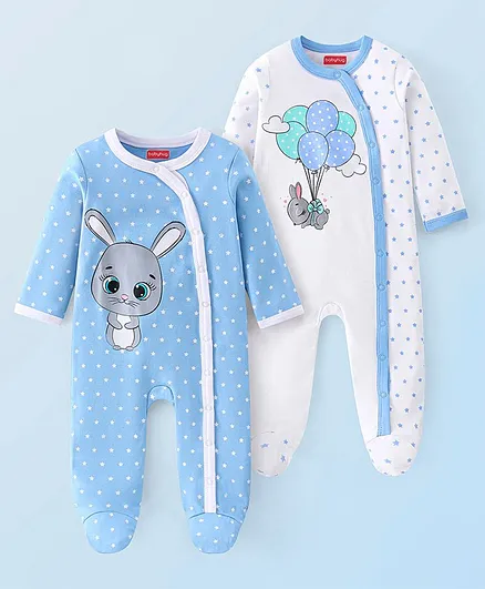 Babyhug Cotton Knit Full Sleeves Footed Sleepsuit Bunny Print Pack of 2 - Blue & White