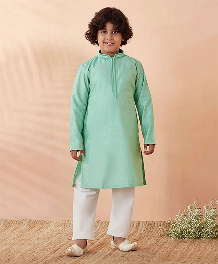Manyavar Full Sleeves Floral Veil Motif Lace Placket Embroidered Kurta Pajama Set - Green