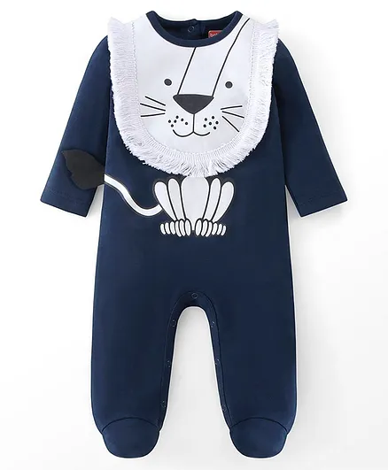 Babyhug Cotton Knit Full Sleeves Footed Sleepsuit Lion Applique - Blue & White