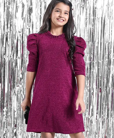 Hola Bonita Half Puff Sleeves Shimmer Textured Party Dress- Pink
