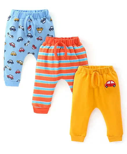 Babyhug Cotton Full Length Diaper Pants Stripes & Car Print Pack Of 3- Yellow Red & Blue