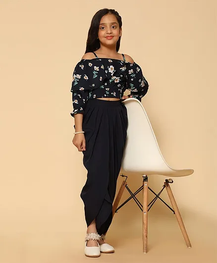 Kids Cave Three Fourth Sleeves Flowers Printed Cold Shoulder Top With Dhoti Style Draped Dhoti Pant - Blue