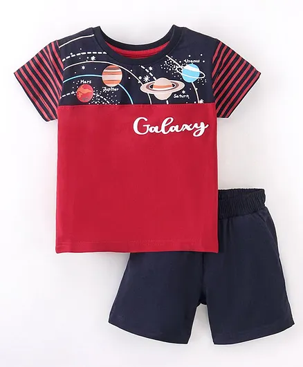 Cucumber Cotton Sinker Half Sleeves T-Shirt & Short Set Galaxy Print - Red & Navy Blue