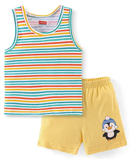 Babyhug 100% Cotton Sleeveless Striped Sando & Shorts Set - Yellow