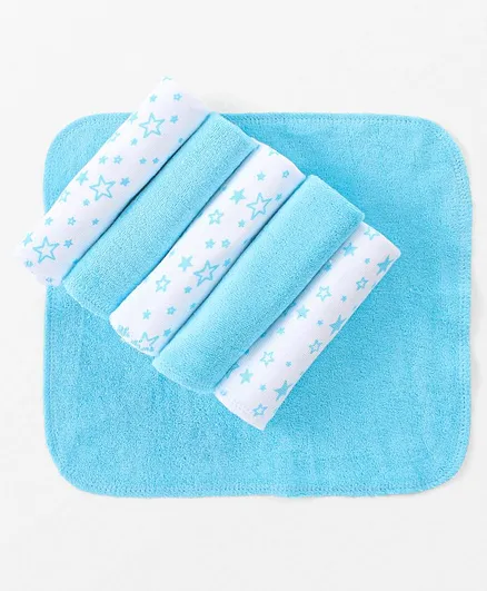 Babyhug Cotton Knit  Hand and Face Towels Star Print Pack of 6 - Blue & White