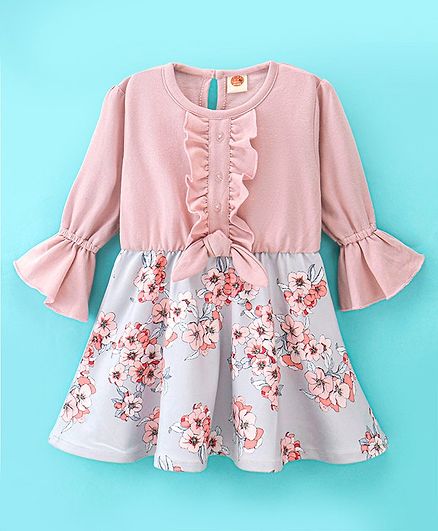 Dew Drops Looper Full Sleeves Frock With Frill Detailing Floral Print- Peach