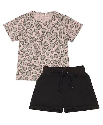 RAINE AND JAINE Half Sleeves Abstract Printed Aop Tee And Knitted Shorts Set - Pink Navy Blue