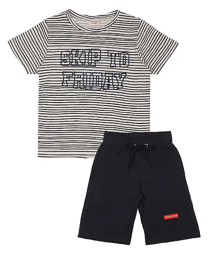 RAINE AND JAINE Half Sleeves Striped Tee And Knitted Shorts Set - White Navy Blue
