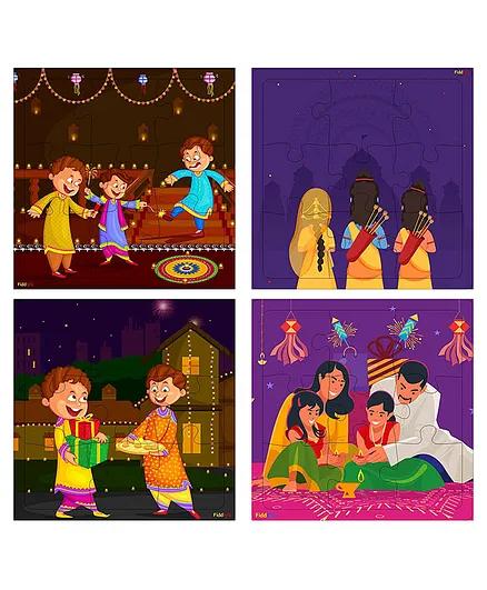 Fiddlys Wood Diwali Jigsaw Puzzles Pack of 4 - 9 Pieces each