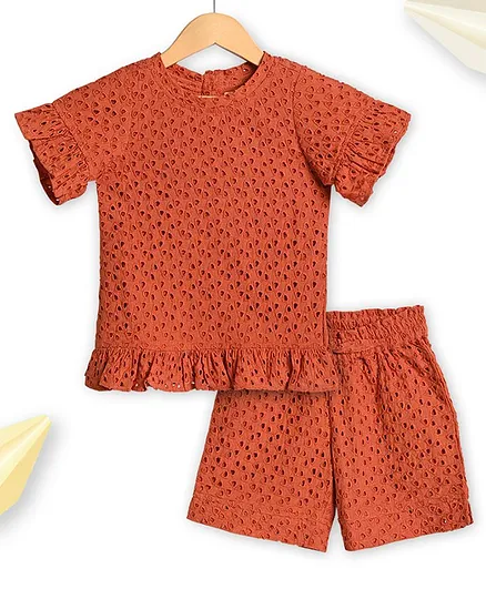 Charkhee Frill Half Sleeves Cut Out Work Designed & Schiffli Embroidery Detailed Top With Coordinating Shorts - Rust Orange