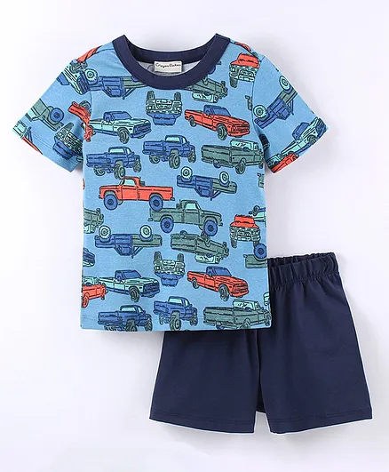 CrayonFlakes Half Sleeves Vehicle Theme Printed Tee & Shorts Set - Blue